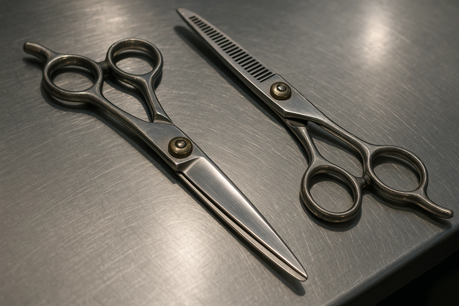 A set of professional barber scissors lies on a stainless steel workbench, gleaming under the bright lights. The blades are sharp and precise, with smooth handles showing signs of frequent use, ready for the next cut emoji