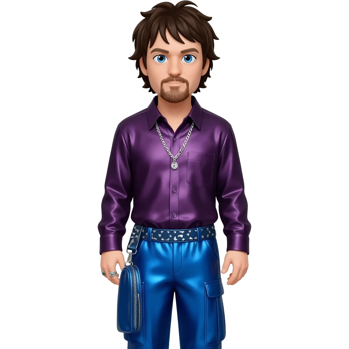 Bam Margera with blue eyes, dark brown hair, dark purple metallic shirt, cobalt blue metallic baggy pants, silver necklace emoji