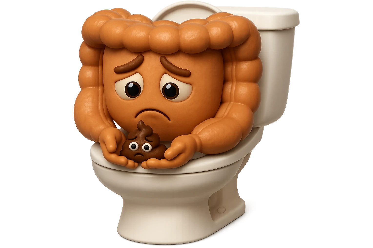 emoji stile iphone di un intestino realistico 3d che esce dal wc con in mano una montagnetta di feci con espressione triste a palline, iperrealistico 4k emoji
