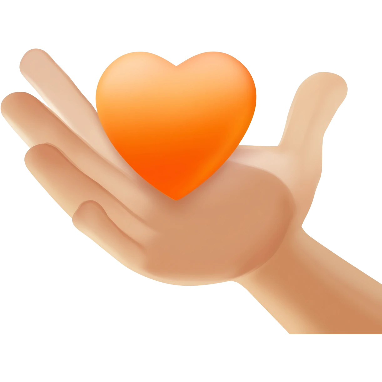 A friendly open hand gently holding or offering a bright orange heart in its palm, symbol of solidarity emoji