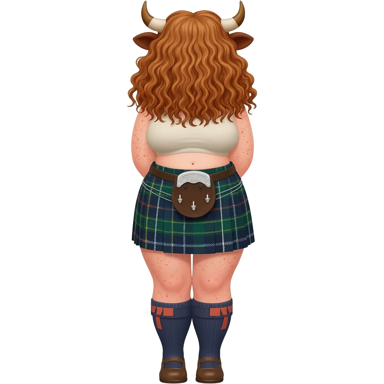 buff curly woman with frecles with light brown messy hair with straight bangs covering her face with brown cow tail with strong fat thights with cow horns and cow brown ears with big butt in a short scottish kilt and with knee socks and shoes stands with crossed legs emoji