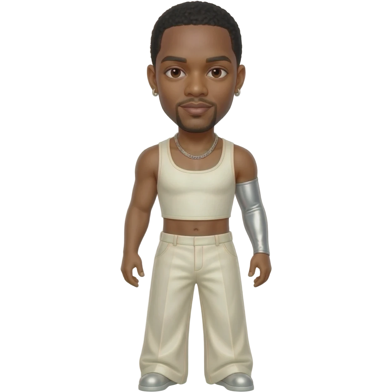 Usher Raymond with dark brown eyes, black hair, ivory metallic arm sleeve shrug crop top, ivory metallic wide leg pants, silver necklace and short earrings emoji