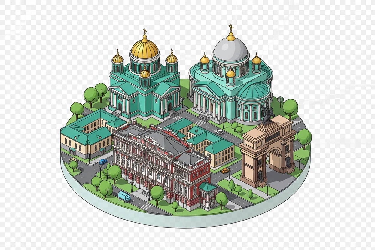 Изометричная, яркая, детализированная и фотореалистичная иллюстрация панорамы города Курска на круглой подставке, Знаменский собор, здание Дворянского собрания, Триумфальная арка в стиле 3D-коллажей городов, чёткие линии, слегка мультяшная стилистика, прозрачный фон, не обрезать края картинки emoji