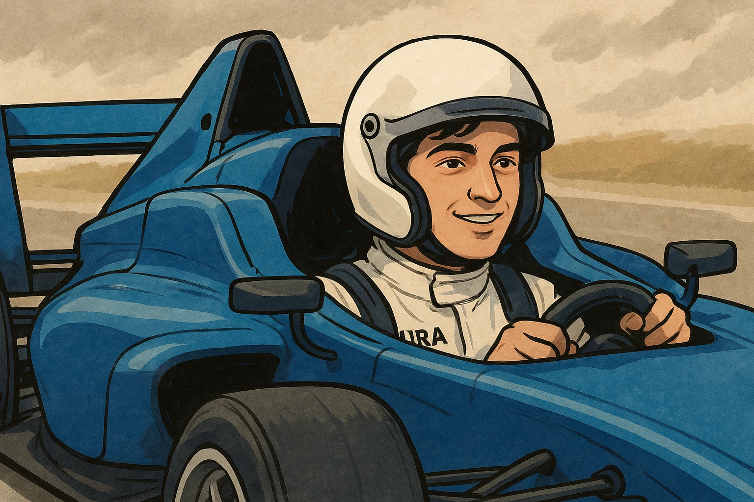 Franco Colapinto driving a blue car, realistic cartoon style emoji