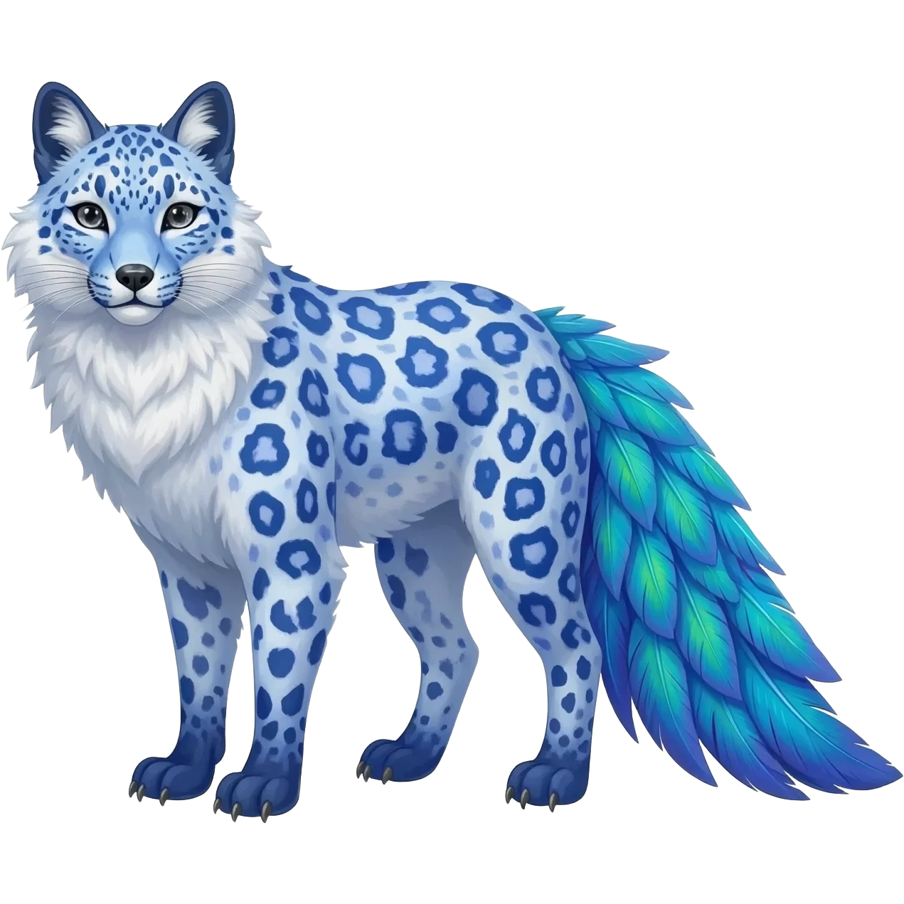 Arctic-Fox-Snow-Leopard-Blue-Tang-Fish-Hyacinth-Macaw-fusion-hybrid-animal-creature, full body emoji