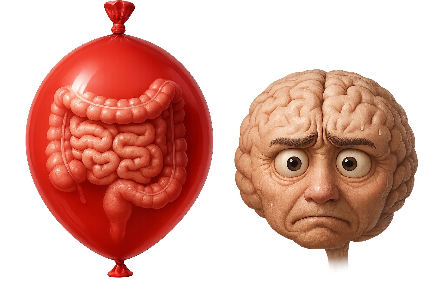 intestino umano anatomico chiuso in un palloncino rosso che simboleggia gonfiore, accanto un cervello stressato, iperrealistico 4k emoji