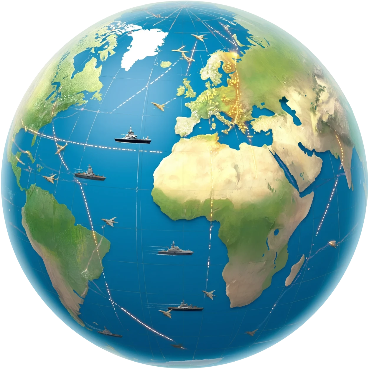 A geopolitical globe showing global power: naval fleets controlling the oceans, armies across continents, and fighter jets dominating the skies. Glowing trade routes and strategic zones around Earth, cinematic lighting, ultra detailed, epic geopolitical strategy visualization. emoji