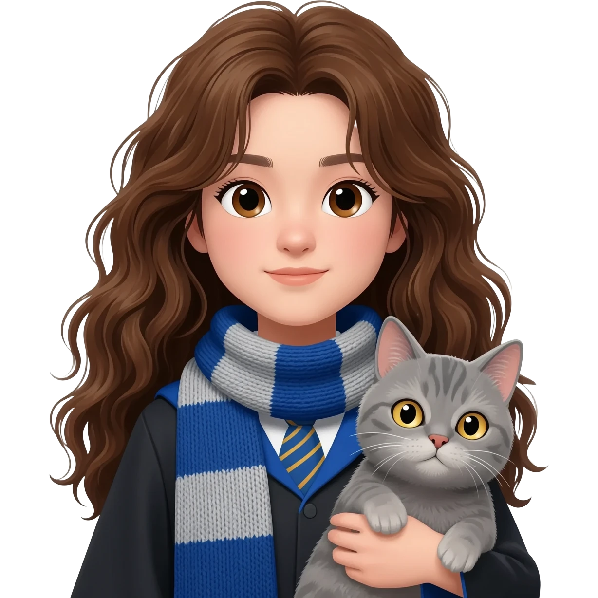 asian ravenclaw girl students with long brown messy wavy hair and brown eyes, holding a gray cat emoji