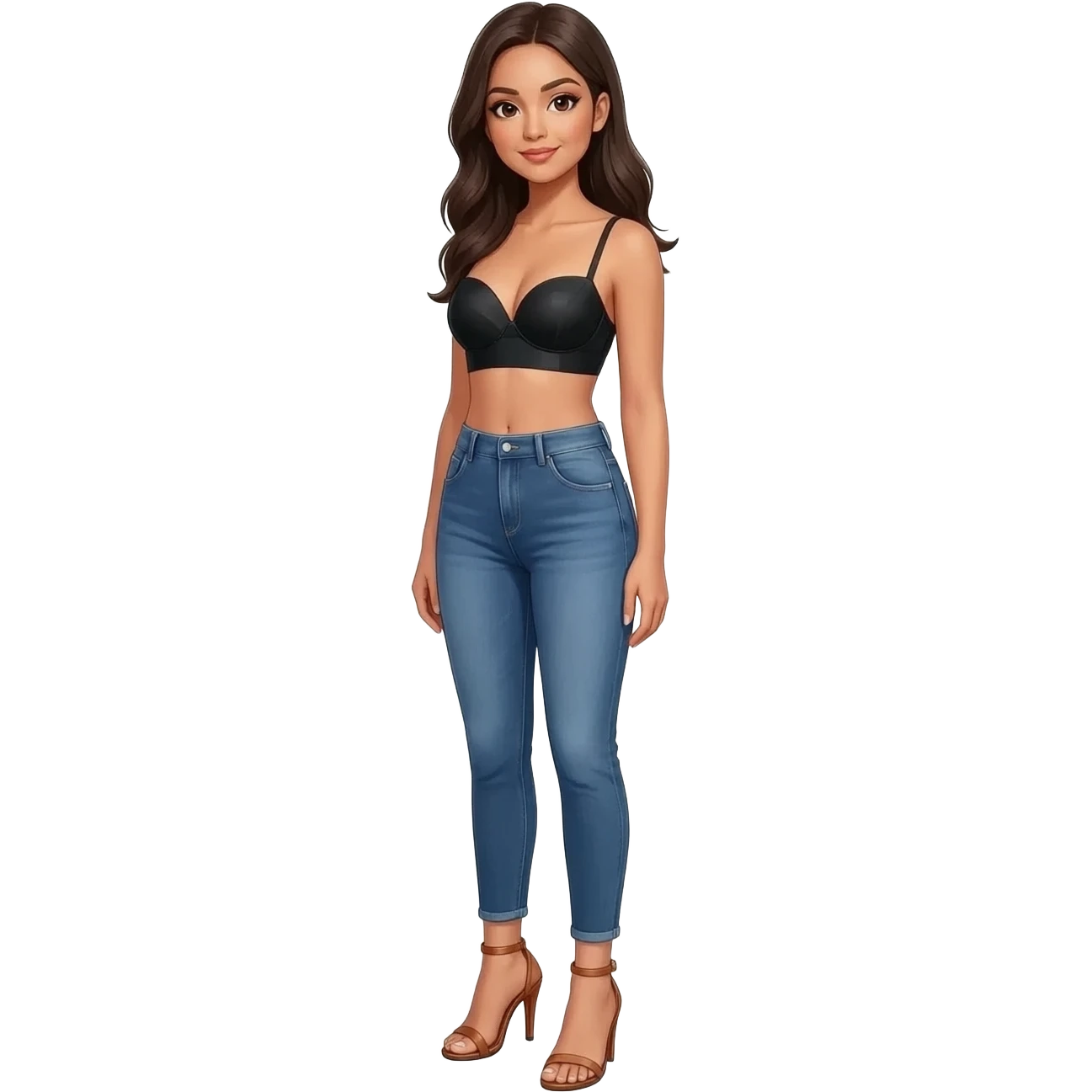 Filipino girl black bra strapless top and high waisted denim jeans  with feet stand straight body wear pageant high heels sandals brown emoji