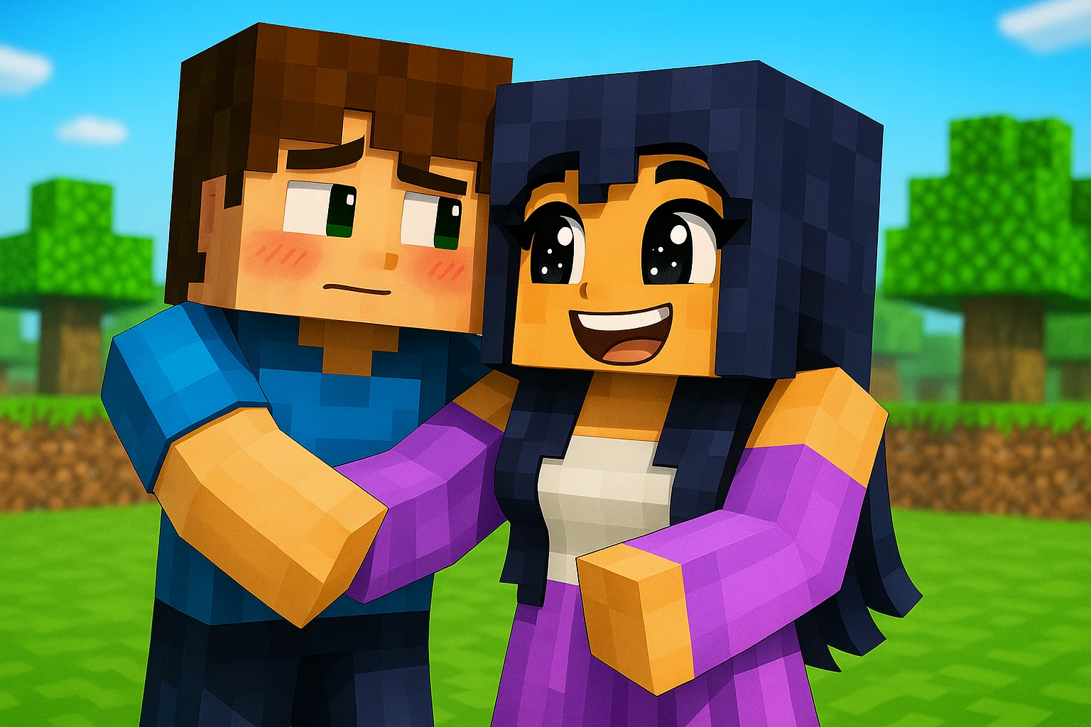 Add a shy expression to the boy and a happy expression to the girl in Minecraft style. Preserve the blocky, pixelated Minecraft aesthetic with simple, colorful textures and cubic shapes. emoji