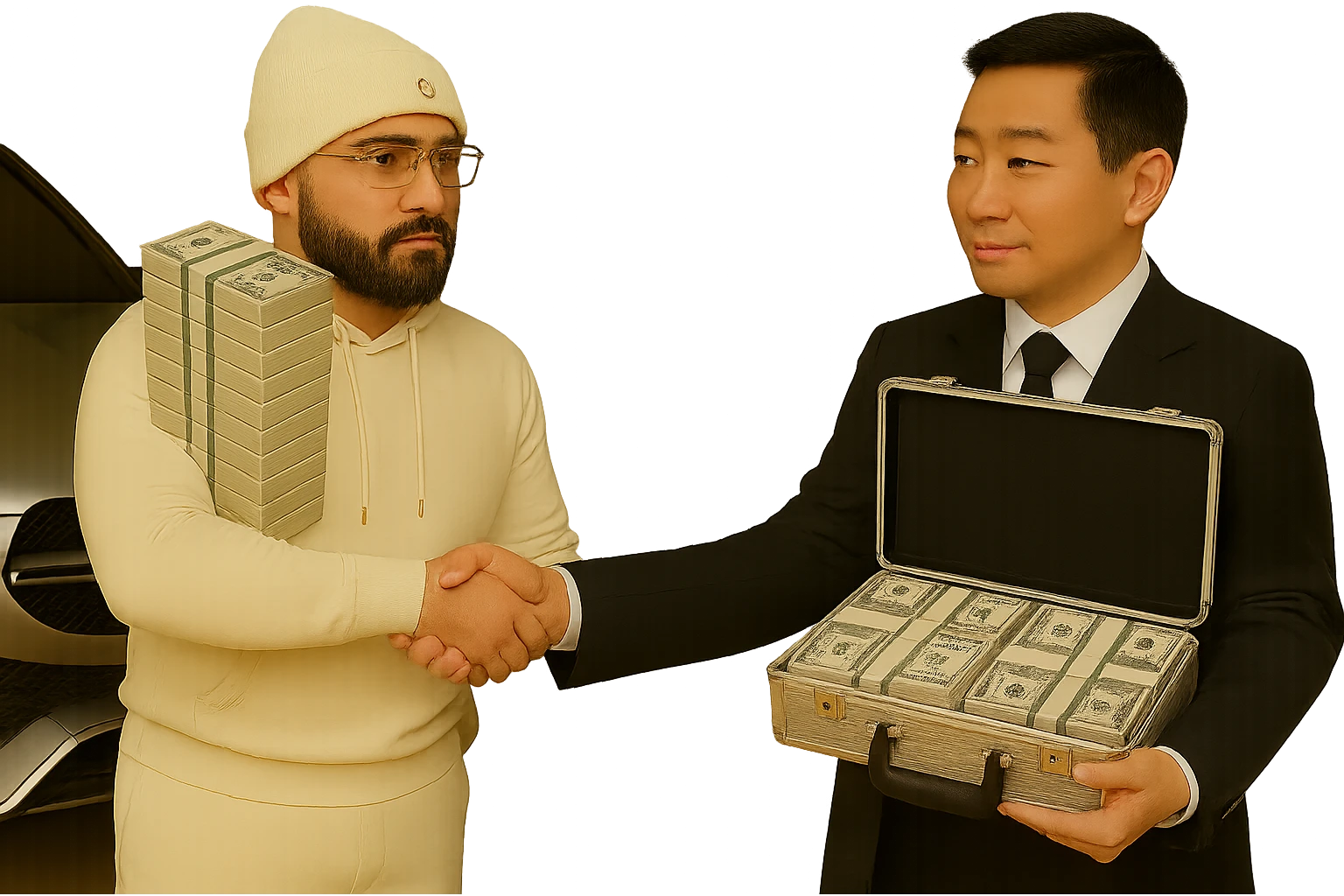 Make the background transparent while keeping all other details the same: the Asian man holding a briefcase filled with US money, Cartier glasses on the man in the white hoodie, and the car in the background. Preserve the original style and details exactly as described. emoji