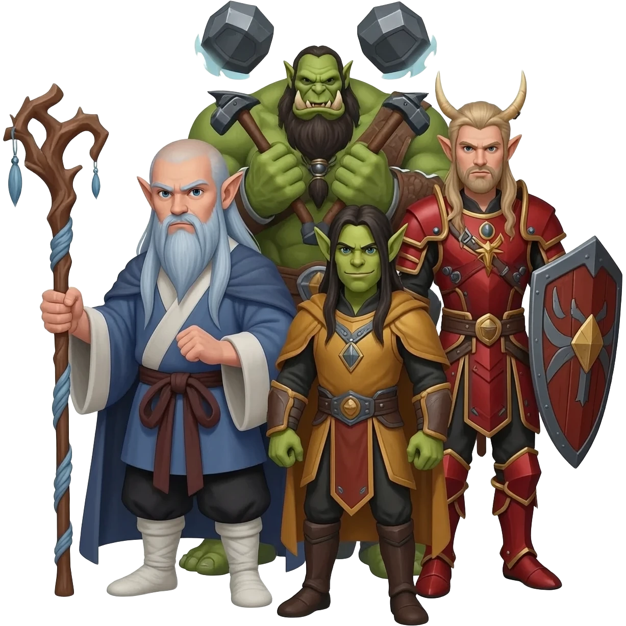 A male elf kungfu master with a staff and long silver blue hair, a male orc shaman with hammers in each hand, and a male elf paladin in red armor, as a group emoji