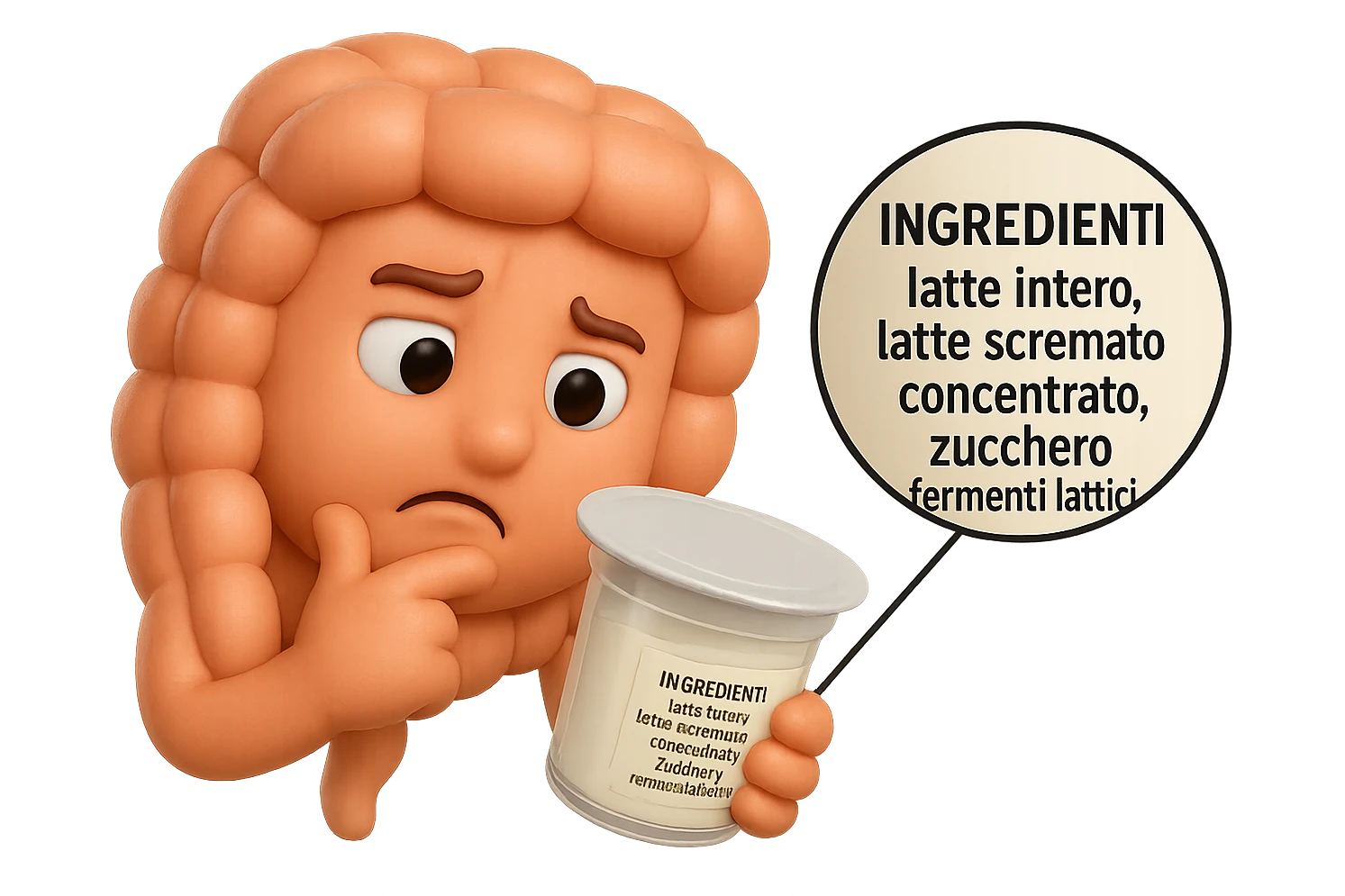 SU QUESTO STILE FAI UN EMOJI STILE IPHONE 3D DI UN INTESTINO CHE HA IN MANO UN BARATTOLO DI YOGURT CONFEZIONATO DA SUPERMERCATO E LEGGE L'ETICHETTA NUTRIZIONALE CON GLI INGREDIENTI IN ITALIANO, ACCANTO ALLO YOGURT CHE HA IN MANO C'è UN FOCUS SULL'ETICHETTA CON GLI INGREDIENTI SCRITTI, FAGLI UN ESPRESSIONE CONFUSA MENTRE LEGGE E FALLO MOLTO REALISTICO IN 3D emoji