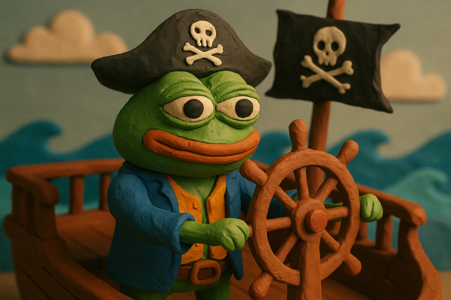 Pirate Pepe the Frog at the helm of a pirate ship, claymation style, waves and sky emoji