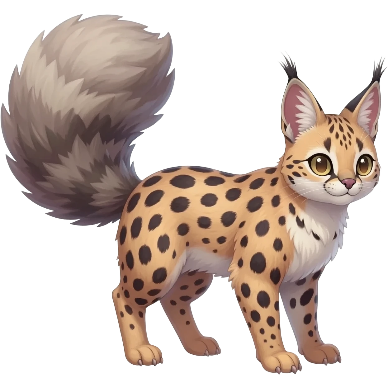 realistic fur with random dark markings beautiful elegant pretty precious cute  Fakémon-Pokémon-opossum-feline-serval-caracal-chinchilla-Furret-Minccino-hybrid-creature with a big fluffy bushy tail (full body) emoji