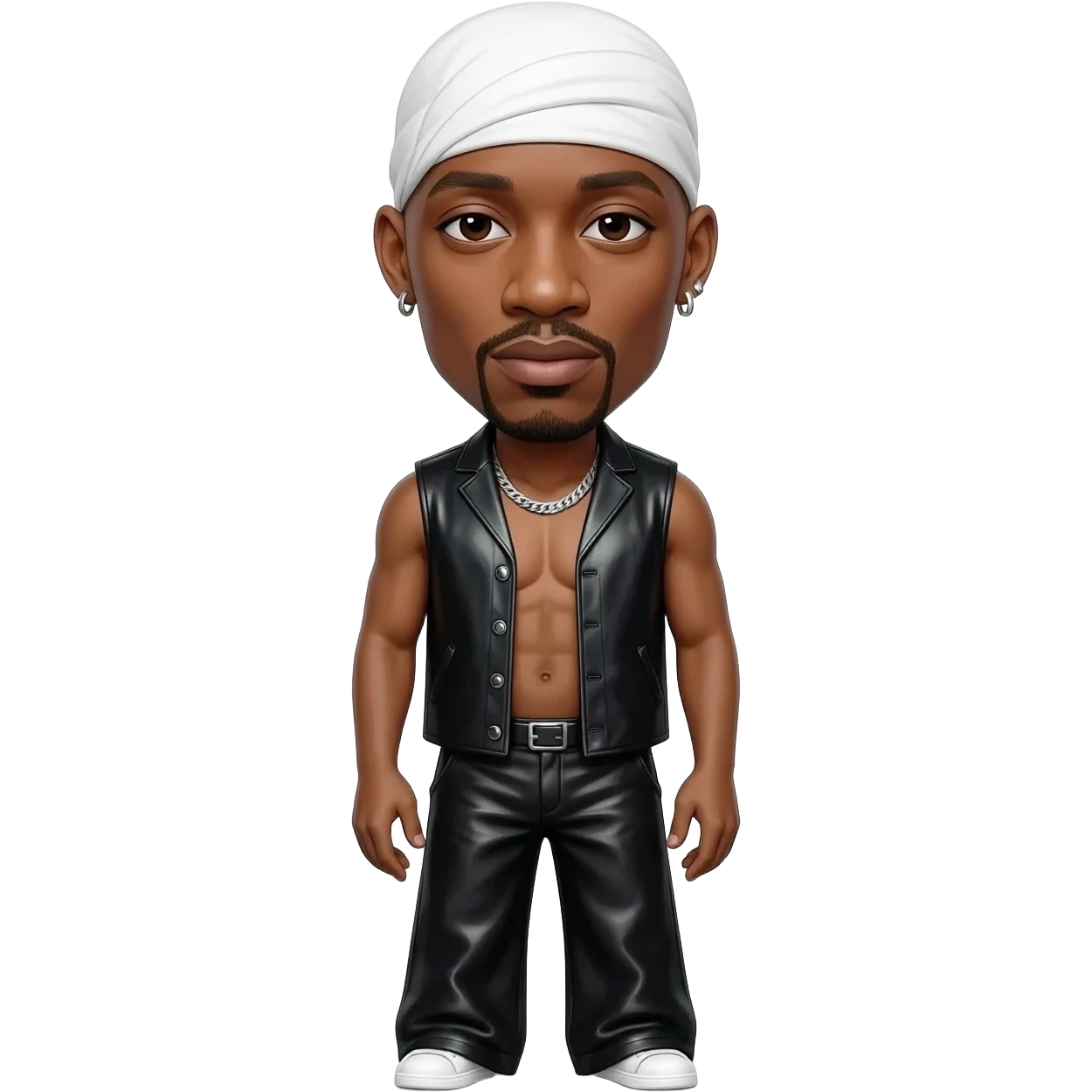 Tupac Shakur with bald head, white headscarf, black metallic open vest, black metallic wide leg pants, silver necklace and short earrings emoji