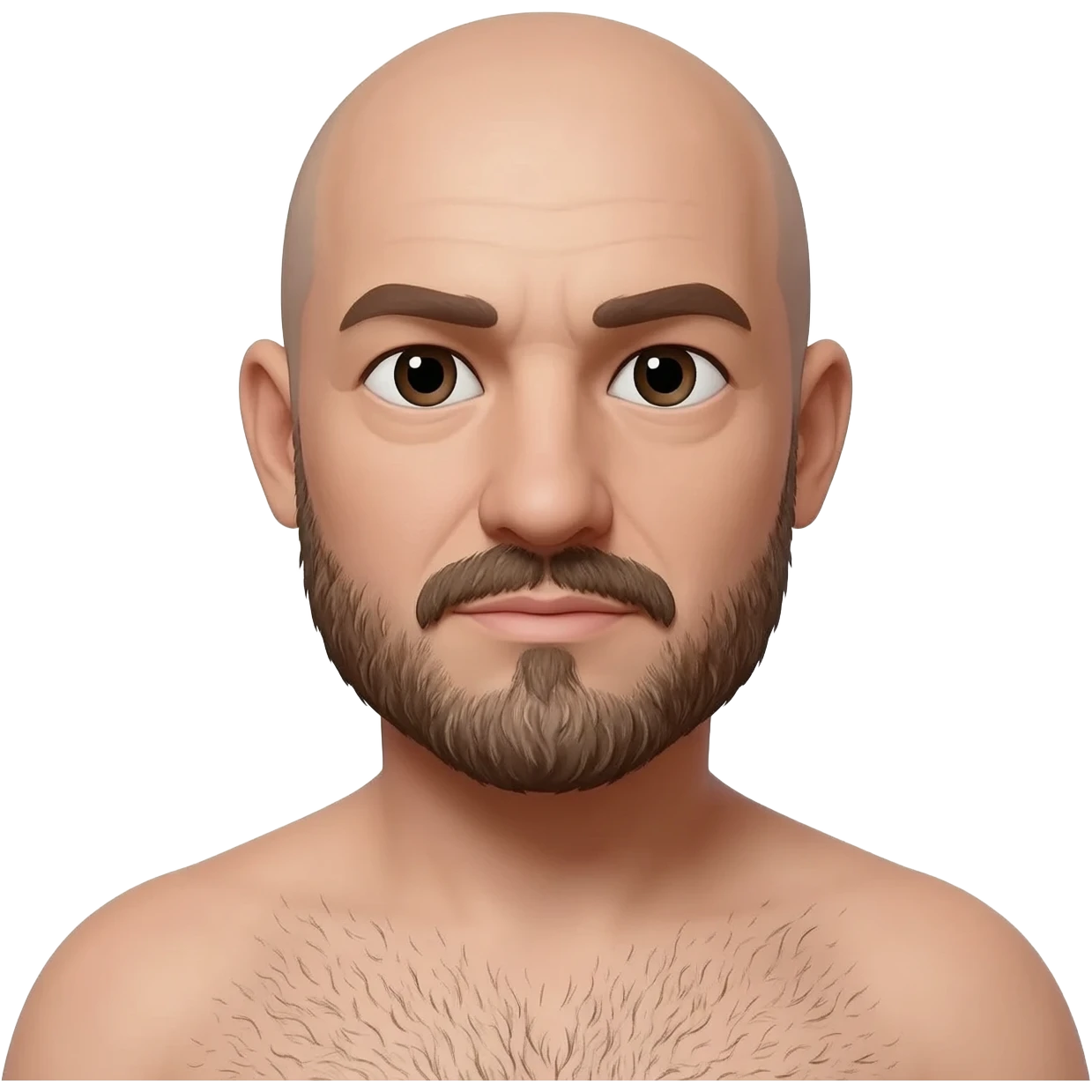 Bald 35 year old man with mustache and beard. Slightly hairy chest emoji