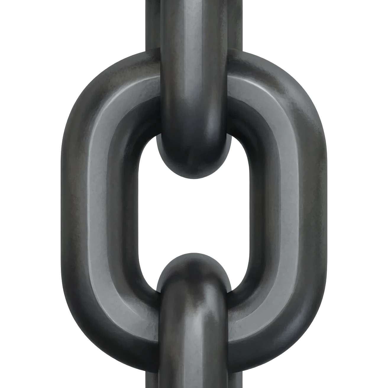 Minimalist 3D emoji based on image_e593fa.png: a single, thick chain link made of matte black steel. Engraved precisely in the center of the link is a sharp, polished chrome geometric 'M'. Isolated on white. emoji