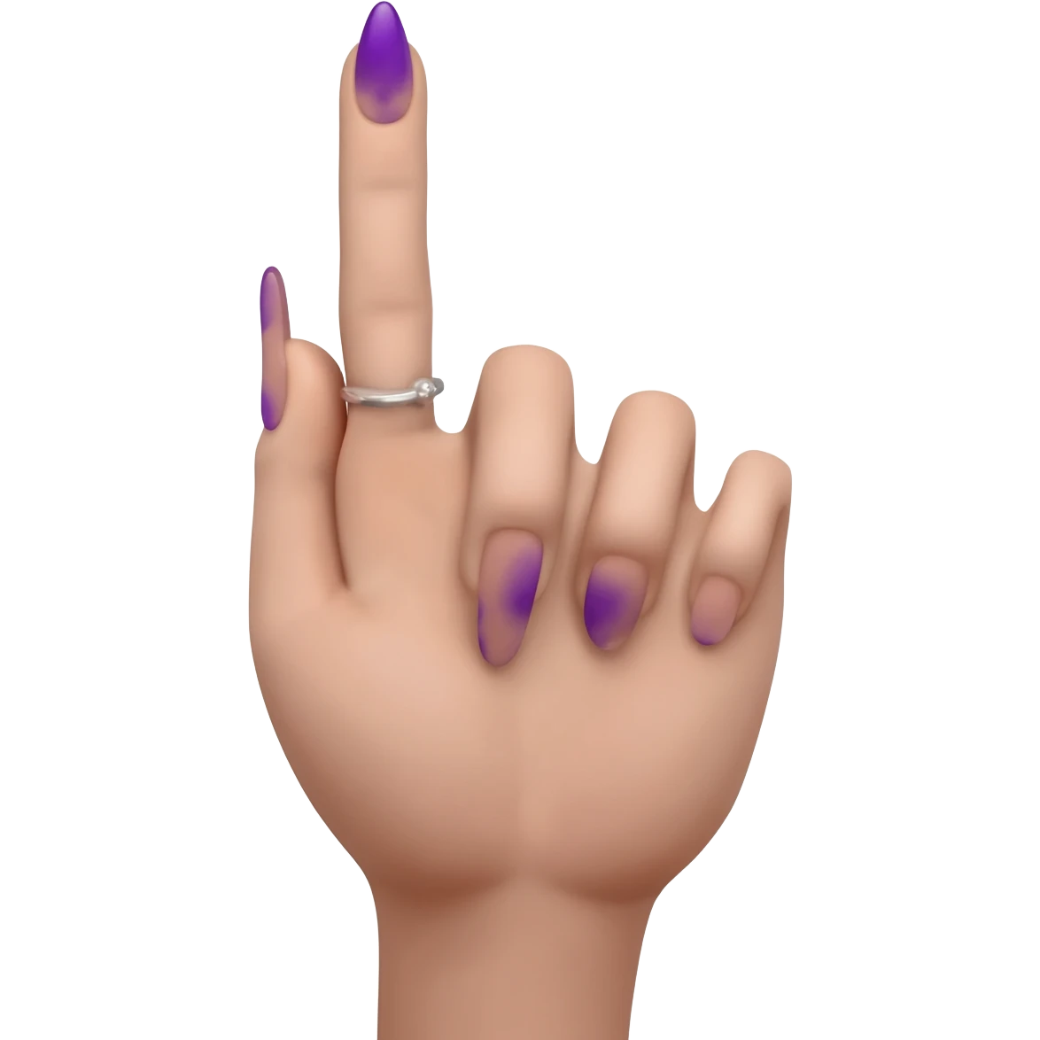Delicate female Hand flipping the middle finger with purple stiletto nails,  only the middle finger up emoji