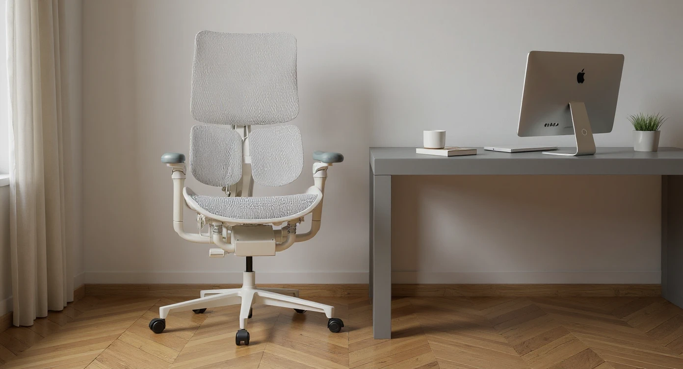 Editorial shot, Make this chair next to desk with mac setup, wooden modern floor, minimalistic room, contrast chair to wall, chair standing front to camera, soft bright light in room emoji