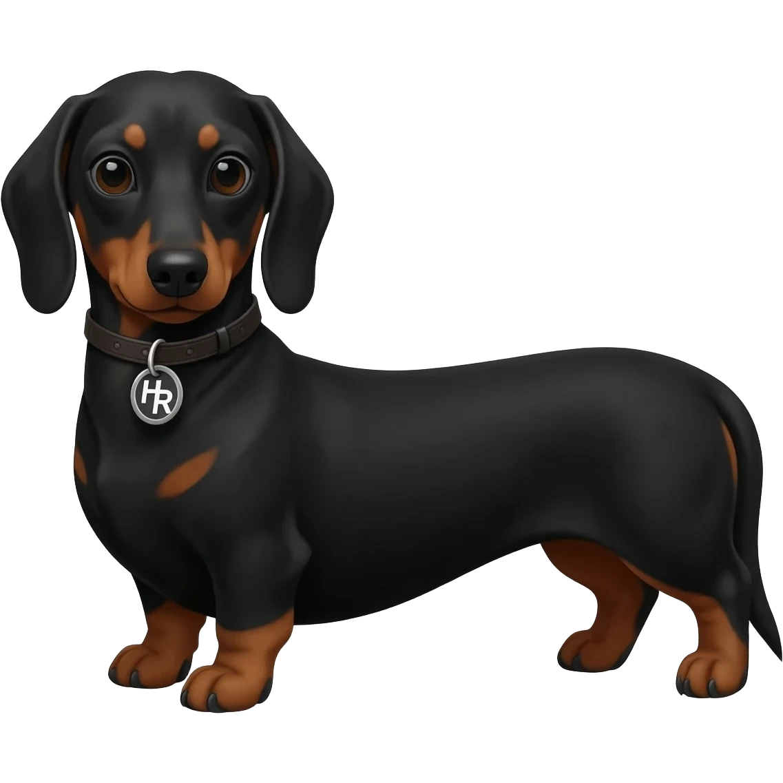 Perrito salchicha de color negro, con un collar que en su placa diga HR emoji