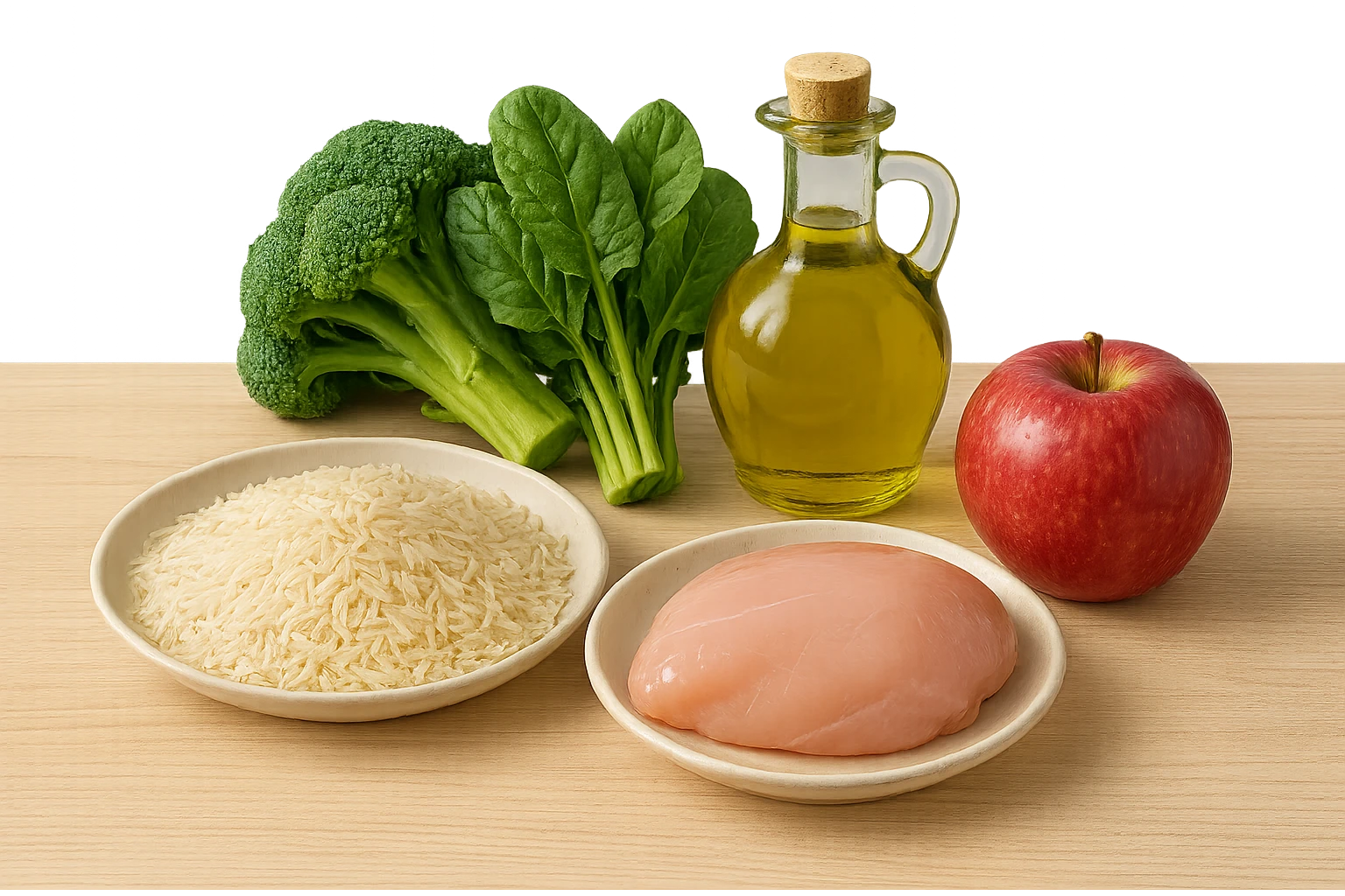 Riso basmati
Petto di pollo
Verdura fibrosa verde
Olio EVO
Mela
poggiati sul tavolo emoji