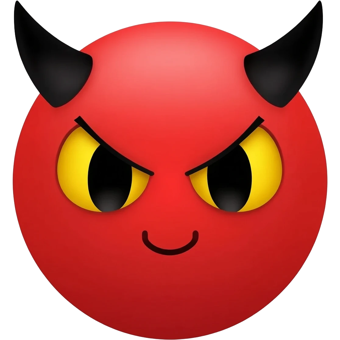 Red circle which has no eyebrows is smiling and has horns and has black eyes with yellow purpils and has angry eyes but is still smiling emoji