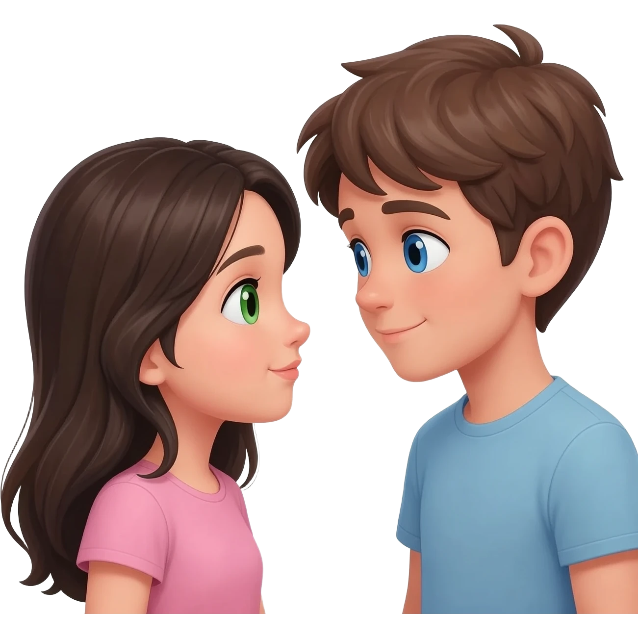 A girl with dark blonde hair And green eyes in love with a boy with brown hair and blue hair emoji