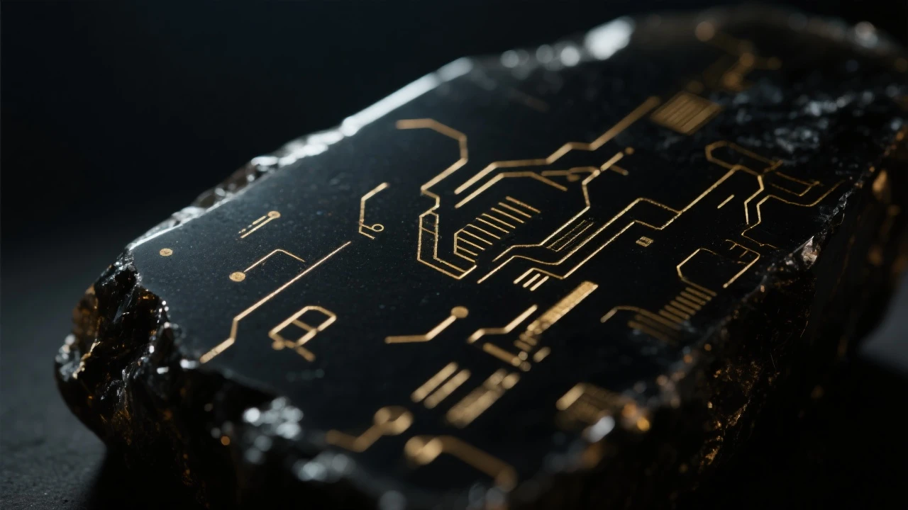 Closeup of black obsidian surface with subtle gold technology etchings in moody, dark lighting. emoji