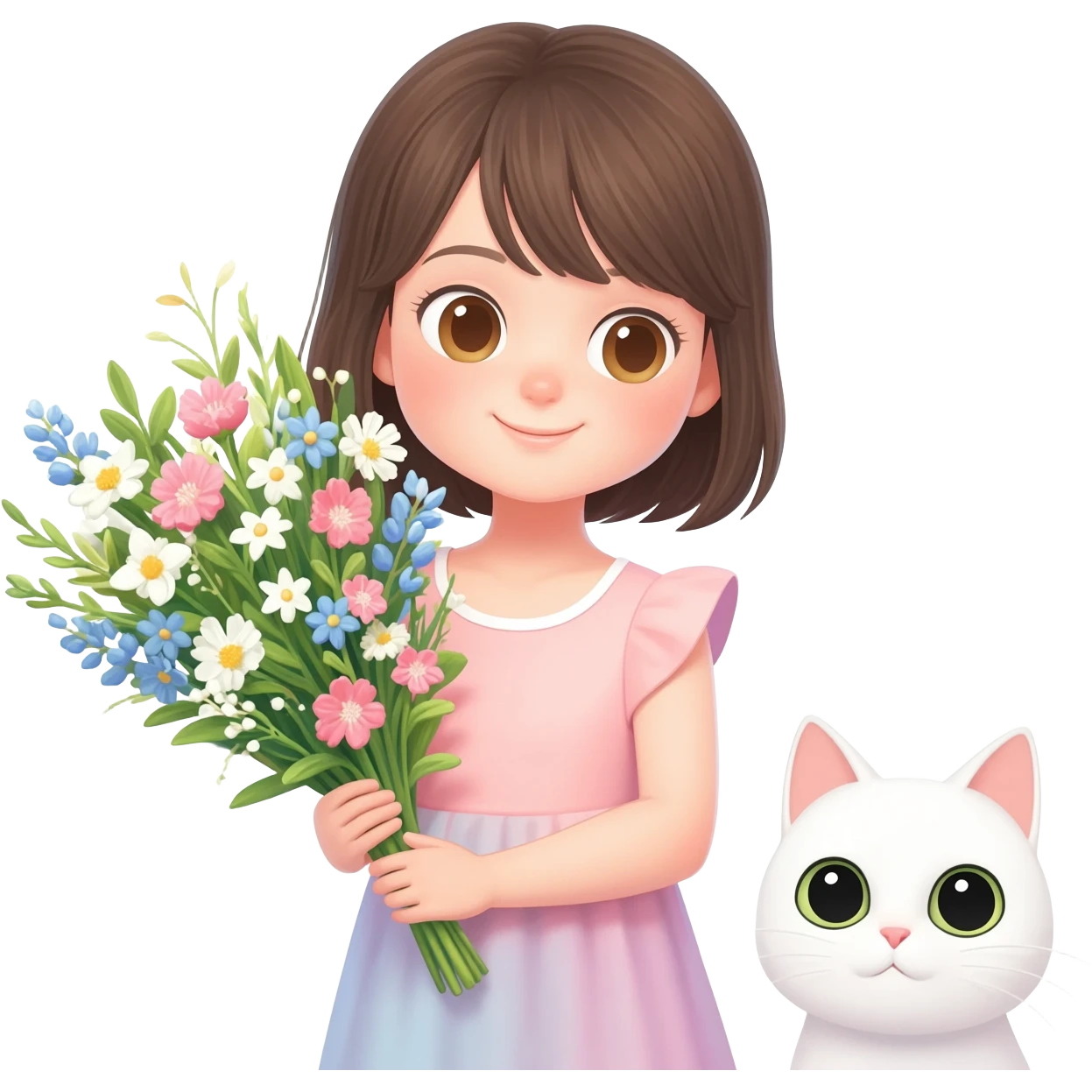 Малко момиче с букет пролетни цветя и малко бяло коте emoji