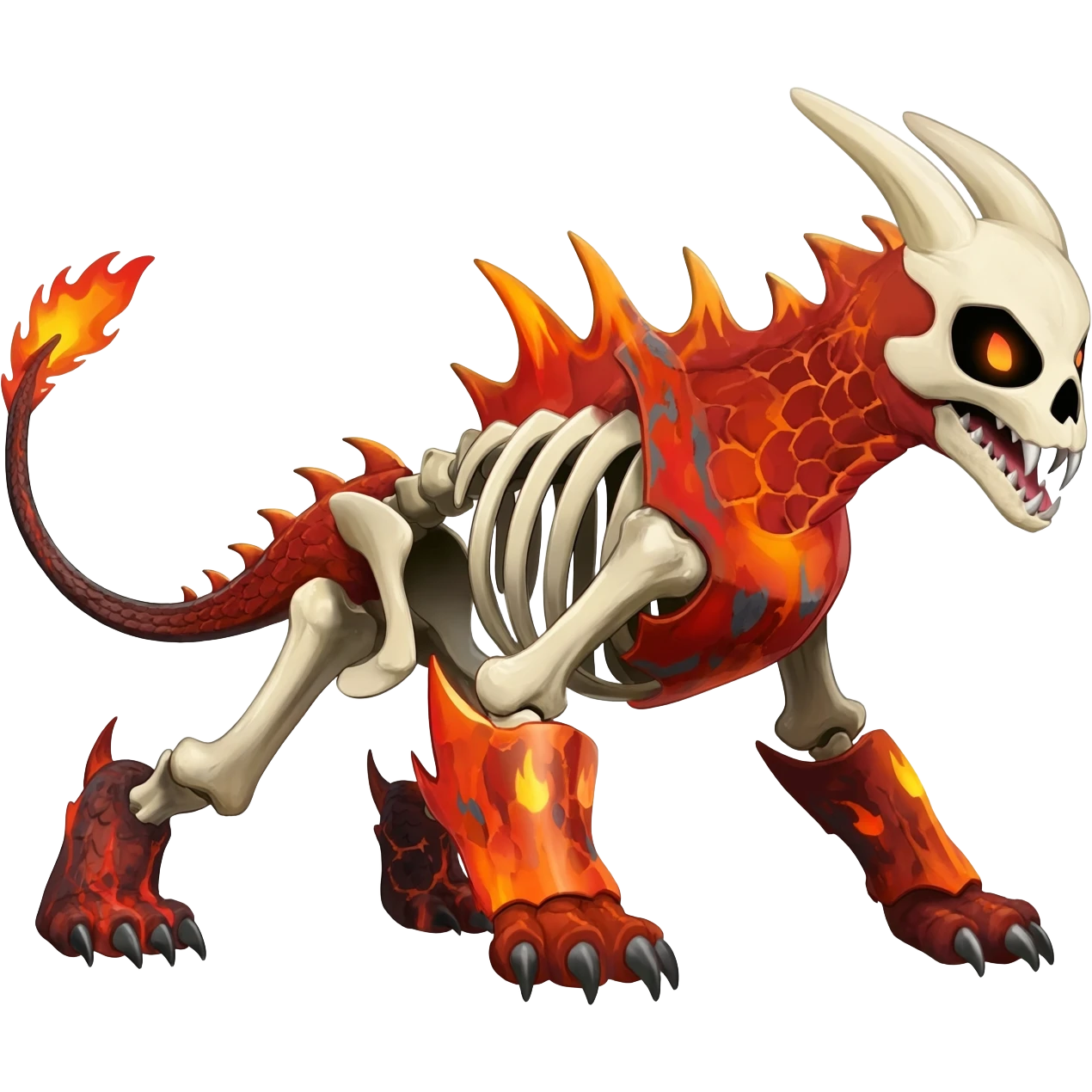 Skeletal Fiery Flaming Volcanic Draconic Cubone-Salandit-Houndoom-Houndour-Marowak-Poochyena-Litten-Fakémon-hybrid-creature (full body), 4 legs emoji
