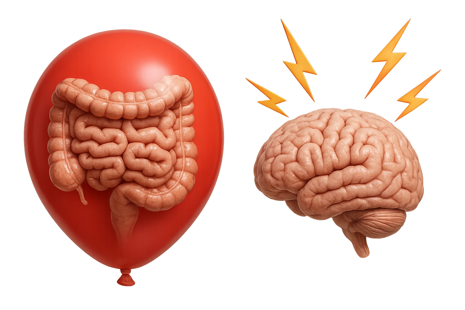 intestino umano anatomico chiuso in un palloncino rosso che simboleggia gonfiore, accanto un cervello anatomico con fulmini vicino che simboleggiano "stress", iperrealistico 4k emoji