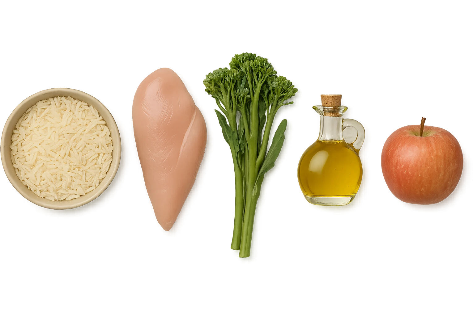 Riso basmati
Petto di pollo
Verdura fibrosa verde
Olio EVO
Mela emoji