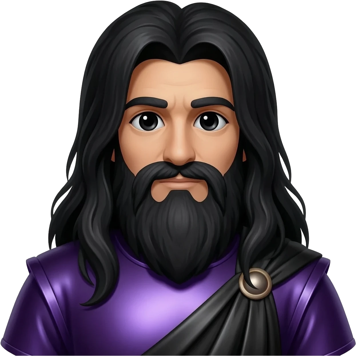 Pluto from Roman Mythology with black eyes, long black hair and beard, dark purple metallic tunic, black metallic cloak emoji