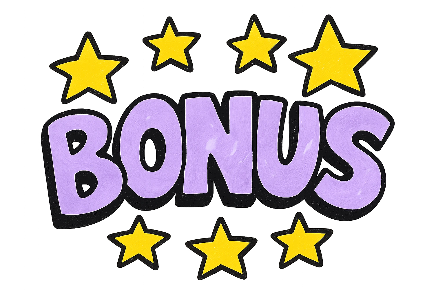 the word BONUS in large letters, all the same vibrant color, surrounded by stars, no background or sign behind, just the letters and stars, vibrant cartoon style QUIERO EXACTAMENTE IGUAL SOLO QUE LAS LETRAS DEBEN SER VIOLETA PASTEL Y LAS ESTRELLAS AMARILLAS emoji