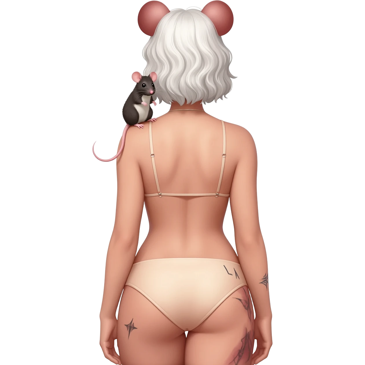 sexy woman with rat ears and rat. She has short, wavy white hair. She is dressed in a bare swimsuit. She is standing with her back to us, curling her butt. There are marks on her butt from the fistle. emoji
