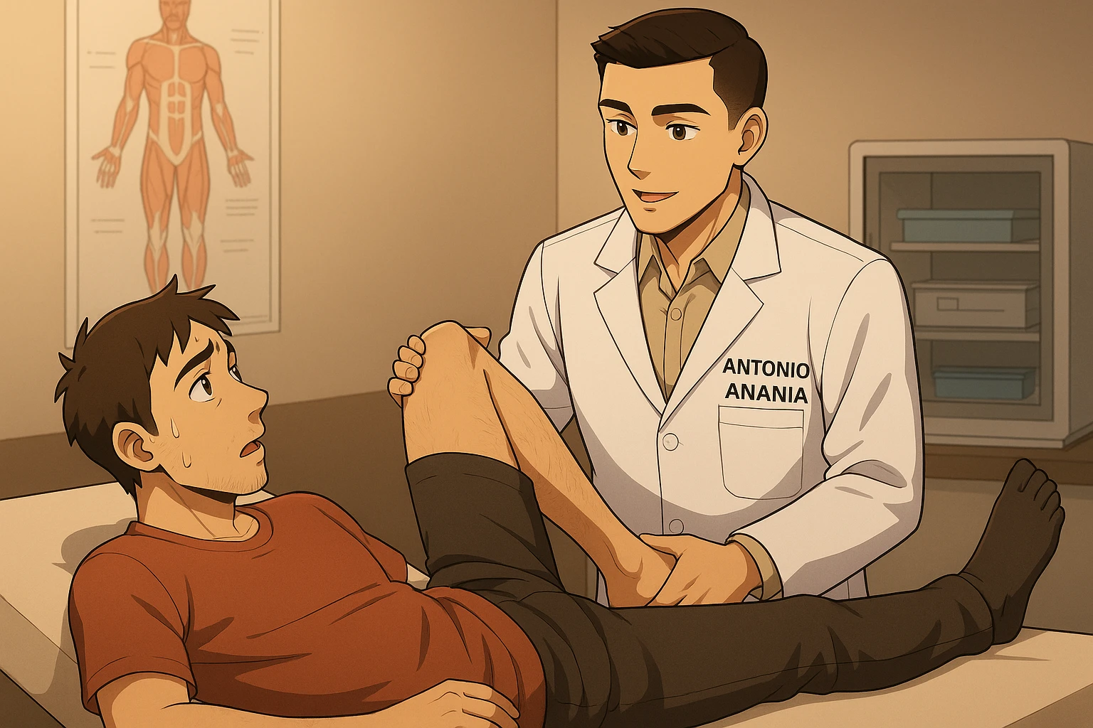 fai un webtoon manga a colori con questo stile, in cui un uomo è steso sul lettino medico e il kinesiologo con il camice bianco (fagli anche la scritta "ANTONIO ANANIA" SUL CAMICE, gli solleva una gamba per fargli il test neuromuscolare, IL KINESIOLOGO SPIEGA ALL'UOMO UNA cosa mentre gli alza la gamba. non fare i fumetti però, fai solo in modo che sembri stiano parlando emoji