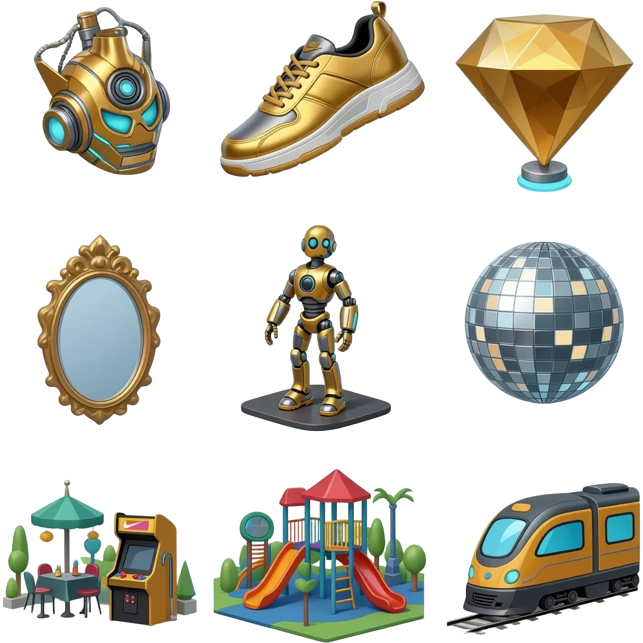 Futuristic turbo neon super robot metal  golden diamond Ruby 6000 Nike shoes hotel super 50000 metallic silver mirror basic black restaurant disco ball arcade playground lucky machine turbo max level inf city train emoji