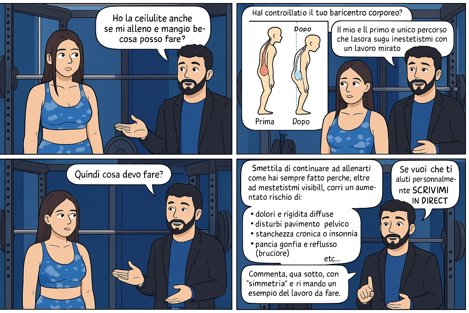 TRASFORMA QUESTO CAROSELLO IN UN FUMETTO CON QUESTE DUE PERSONE IDENTICHE CHE INTERLOQUISCONO TRA LORO:

Ho la cellulite anche se mi alleno e mangio bene, cosa posso fare?

Hai controllato il tuo baricentro corporeo?
Sapevi che se il peso del tuo corpo cade in avanti o da un lato, c’è un disallineamento fra bacino e torace, che comprimendo le coste, limita la motilità del diaframma e l’ossigenazione dei tessuti?
Il mio è il primo e unico percorso che lavora sugli inestetismi con un lavoro mirato sul baricentro corporeo.

Smettila di continuare ad allenarti come hai sempre fatto perché, oltre ad inestetismi visibili, corri un aumentato rischio di:
    • dolori e rigidità diffuse
    • disturbi pavimento pelvico
    • stanchezza cronica o insonnia
    • pancia gonfia e reflusso (bruciore)
    • etc…


Quindi cosa devo fare?
Commenta, qua sotto, con “simmetria” e ti mando un esempio del lavoro da fare. Lo stesso sistema con cui ho aiutato migliaia di persone, fra cui centinaia di donne a risolvere definitivamente gli inestetismi.
Metterei il prima e dopo

Se vuoi che ti aiuti personalmente
SCRIVIMI IN DIRECT emoji