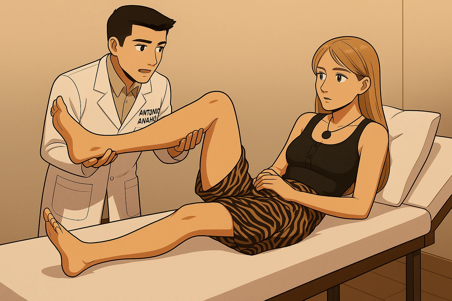 fai un webtoon/manga a colori con questo kinesiologo in camice bianco (fagli la scritta "ANTONIO ANANIA" SUL CAMICE) CHE SVOLGE UN TEST NEUROMUSCOLARE SOLLEVANDO UNA GAMBA ALLA RAGAZZA CHE è STESA SU UN LETTINO BIANCO. STANZA SEMPLICE E MODERNA, DURANTE IL TEST I DUE DIALOGANO TRA LORO. NON FARE I FUMETTI, FAI SOLO LORO COME SE DIALOGASSERO emoji