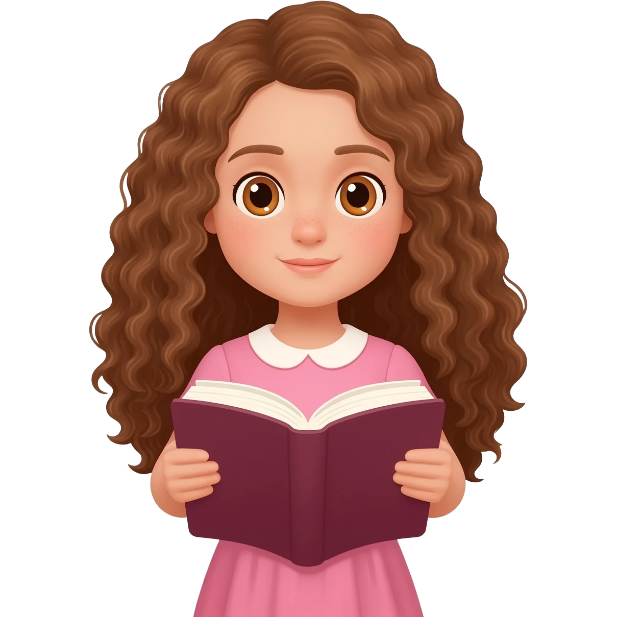 Menina branca,de olhos castanhos claros, com cabelos longos encaracolados vestido rosa lendo a Bíblia emoji