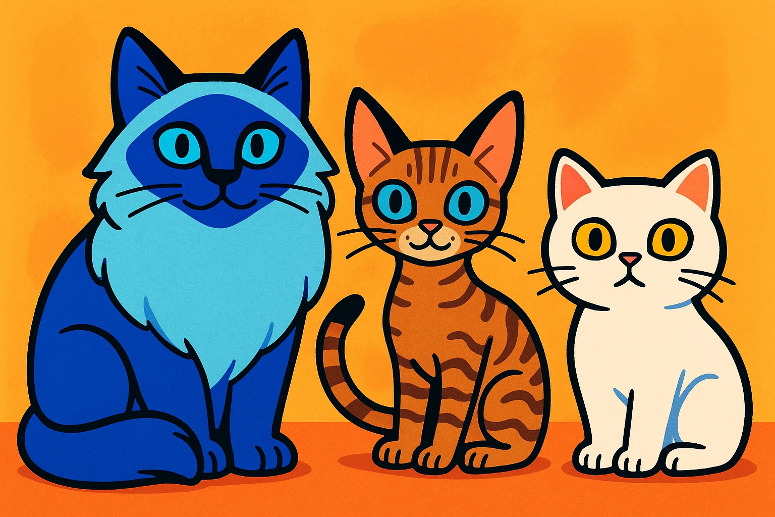 three cats in a row, drawn in a colorful cartoon style: a large blue point Birman male with blue eyes on the left, a small brown tabby Devon Rex female with pale blue eyes in the middle, and a small white British Shorthair female with yellow eyes on the right emoji
