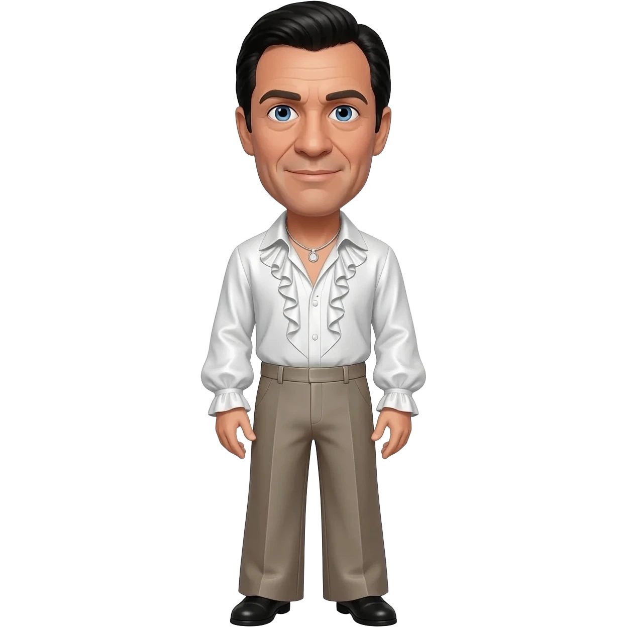 Oliver Reed with blue eyes, black hair, white metallic ruffle shirt, taupe metallic wide leg pants, silver necklace emoji