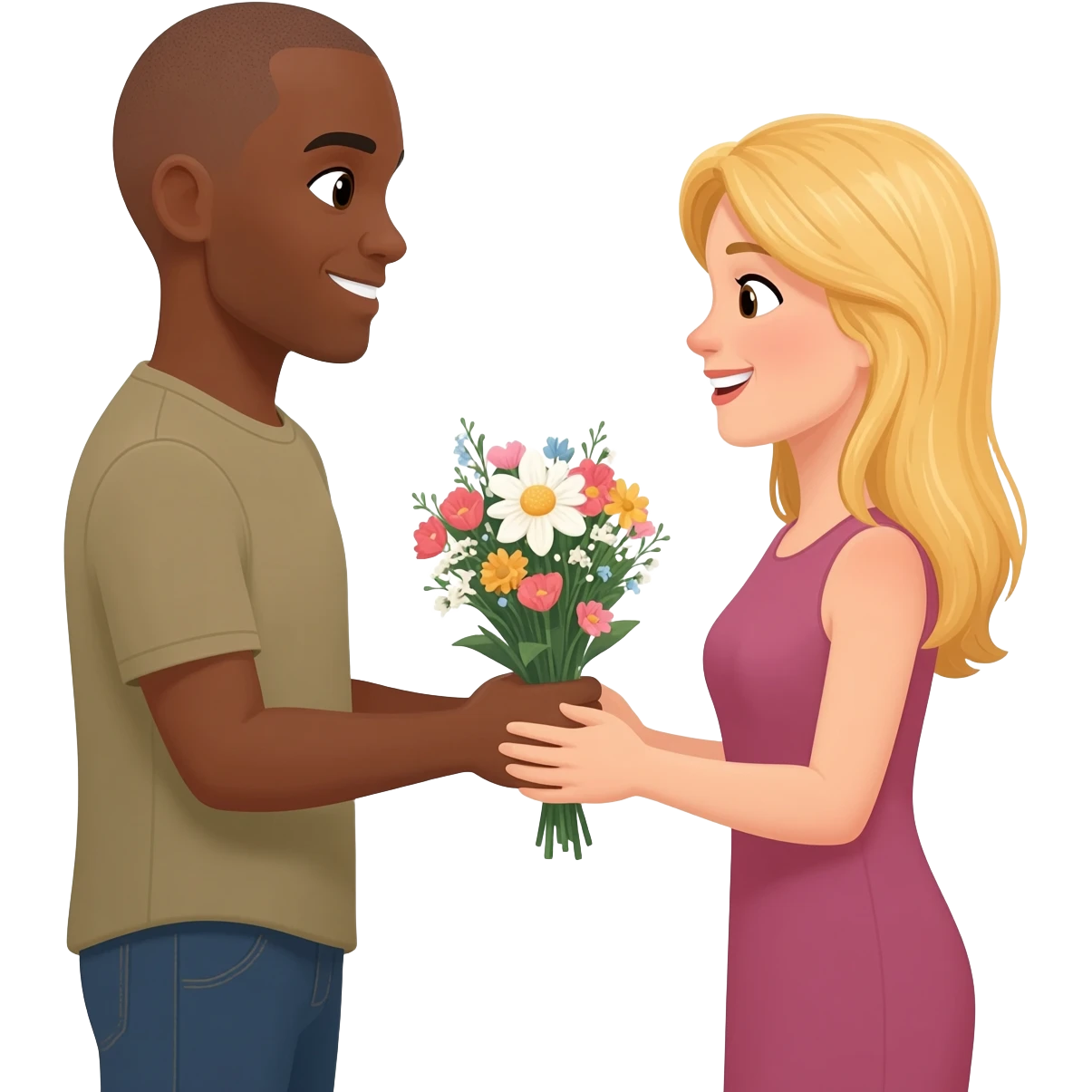 Black man with shaved head giving flowers to blonde woman emoji