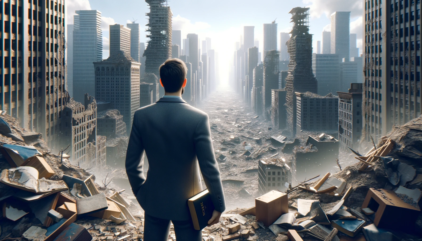 UOMO DI SPALLE DAVANTI AD UNA CITTà SMANTELLATA SENZA MURA CON UNA BIBBIA IN MANO, GUARDA LA CITTà, IPERREALISTICO 4K emoji