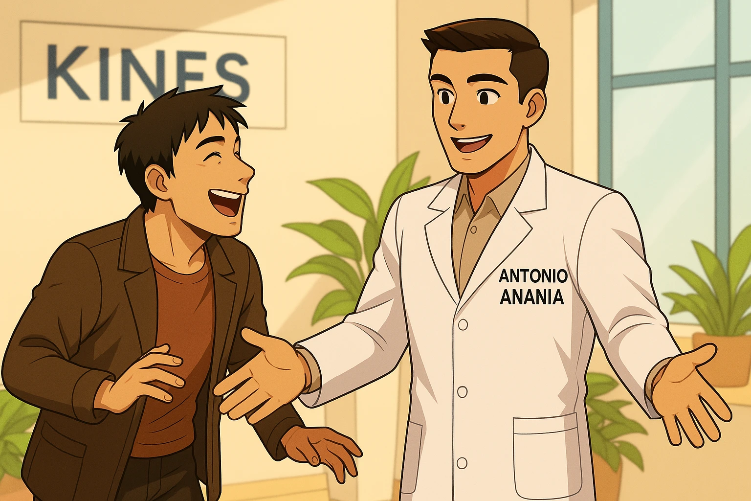  rappresenta un webtoon manga a colori con questo stile, in cui un uomo esclama una cosa entusiasta al kinesiologo con il camice bianco (fagli anche la scritta "ANTONIO ANANIA" SUL CAMICE), IL KINESIOLOGO lo aspetta a braccia aperte. l'espressione dell'uomo è felice e soddisfatta, non fare i fumetti però, fai solo in modo che sembri stiano parlando emoji