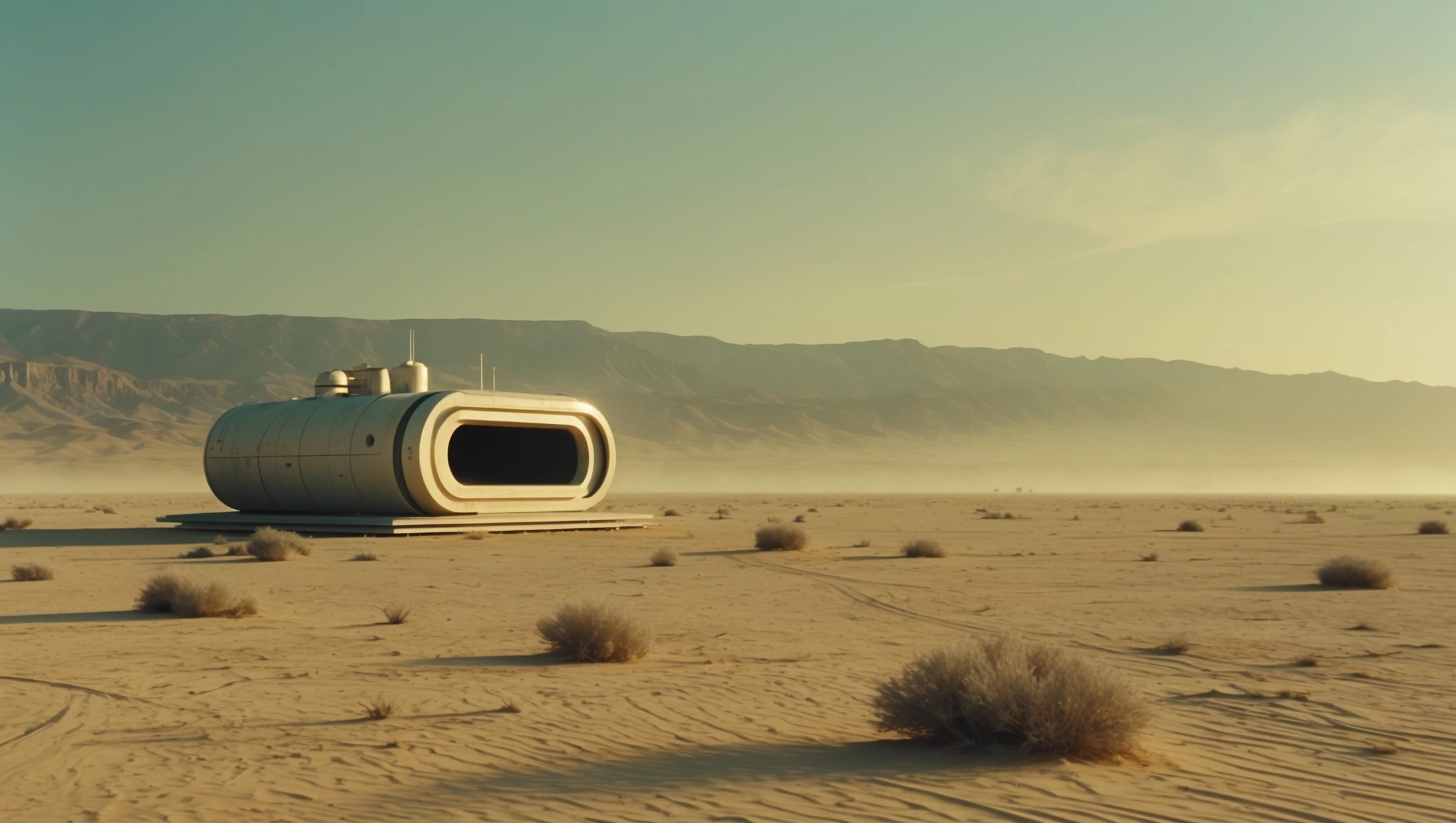 Cinematic still from 1990s Retro Space movie, film called Retro Futurism, Establishing scane showing desert with single small futuristic bulding, big landscape in background showing loneliness emoji