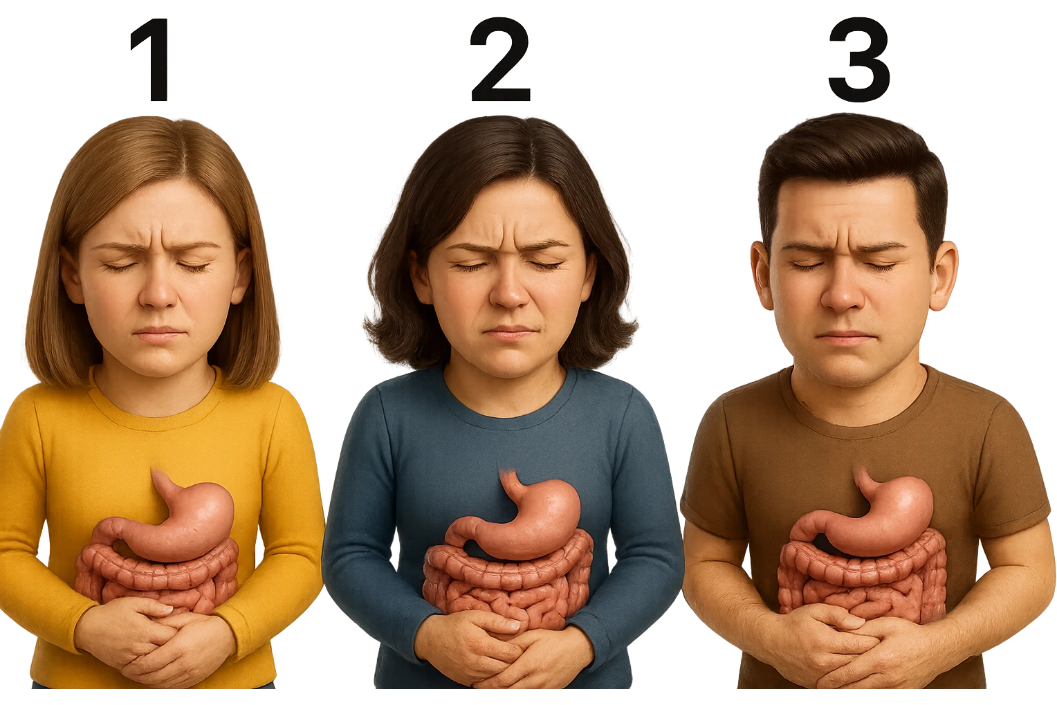 emoji stile iphone di 3 persone, due donne e un uomo, con intestino realistico e mal di pancia, sulle donne ci sono i numeri 1, 2 e sull'uomo il 3, iperrealistico 4k emoji