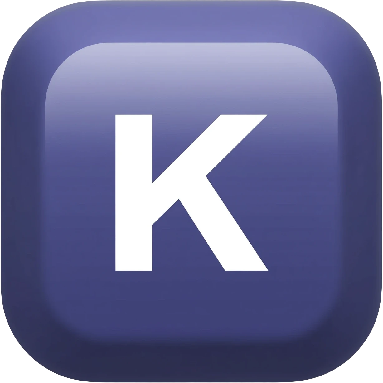 "3D premium,3D rounded-square icon in strong purple with a beveled edge, bold serif white letter 'K'centered, strong specular highlights, inner glow, 1024x1024, png" emoji