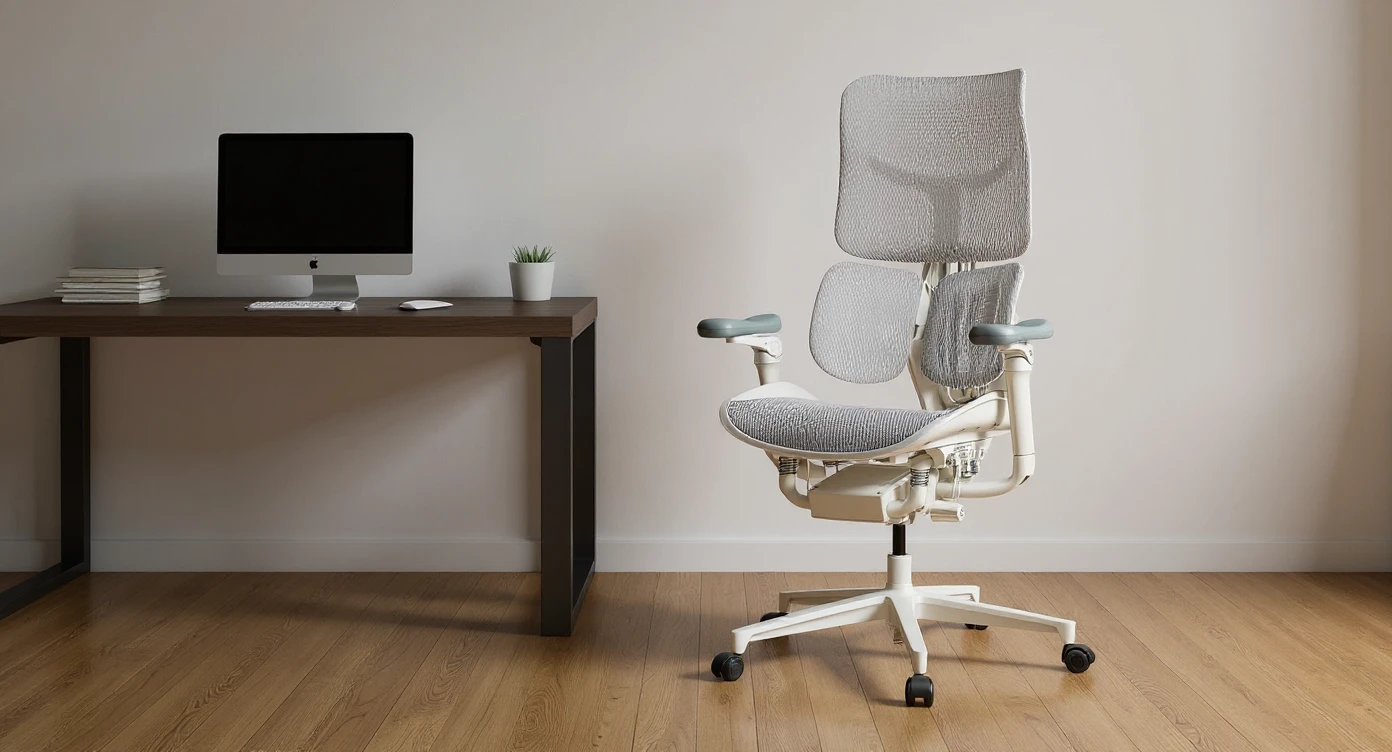 Editorial shot, Make this chair next to desk with mac setup, wooden modern floor, minimalistic room, contrast chair to wall, chair standing front to camera emoji